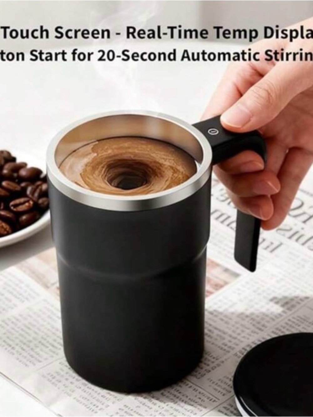 Electric Milk Frother Mug - Black Stainless Rim